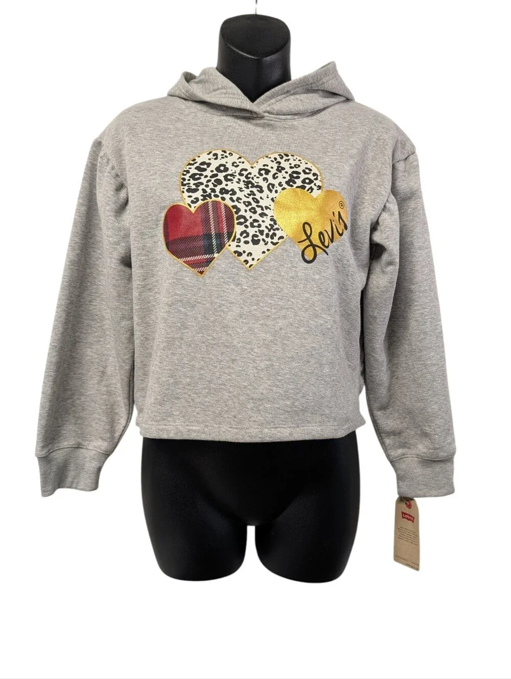 Levi’s Girls Gray Cropped Hoodie Hearts Leopard Plaid Size L NWT